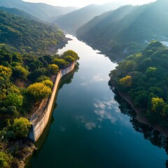 Serene River Reflecting Mountains and Trees in Tranquil Landscape