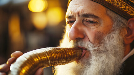 Elderly caucasian man blowing shofar at sunset ceremony