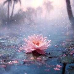 Serene Water Lily in Tranquil Pond with Ethereal Backdrop