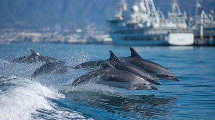 Fototapeta premium Dolphins leaping in harbour