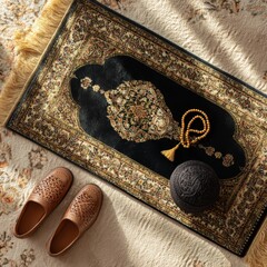 Elegant Black and Gold Decorative Rug with Accessories in Natural Light