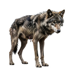 Grey wolf standing profile view isolated on transparent background showing detailed fur texture and intense gaze