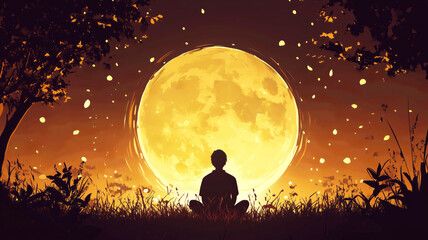 Silhouette of person contemplating large full moon in tranquil nature setting