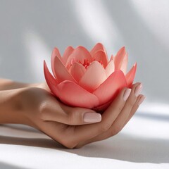 Elegant Hand Holding Soft Pink Lotus Flower on Light Background