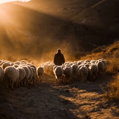 Shepherd Guiding Sheep Through Sunrise Landscape in Golden Light