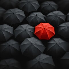 Single Red Umbrella Among Black Umbrellas on Rainy Day Background