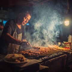 Skilled Chef Grilling Meat Skewers at Night Market Stall