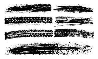 Fototapeta na wymiar Vector graphic set of tire tread marks and wheel textures on asphalt, featuring motorsport drift, motocross, rally skid, splash effects, grinding, car racing patterns, and off-road trails.
