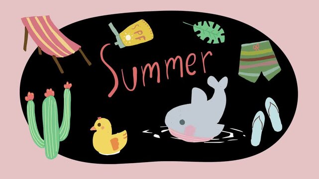 Playful summer-themed animation featuring beach items, animals, and decorative elements
