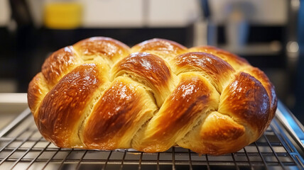Golden brown braided challah bread cooling on wire rack in kitchen setting