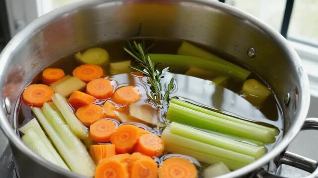 Preparing a healthy vegetable broth with fresh carrots, celery, and rosemary.