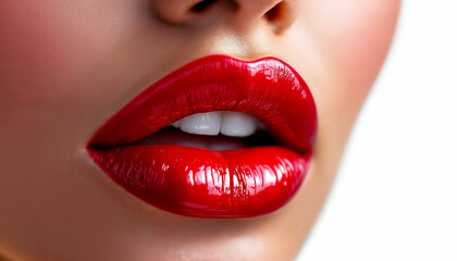 Fototapeta premium Close-up of glossy red lips on bright white background 