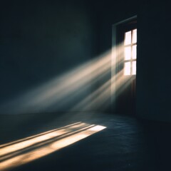 Soft Sunlight Rays Streaming Through an Open Door in a Dark Room