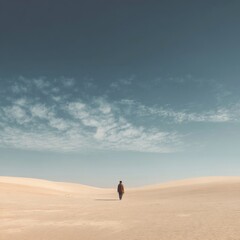 Solitary Traveler Walking Across Vast Desert Landscape with Clear Sky