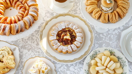 Assorted pastries on elegant table setting with lace tablecloth