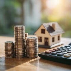 Stacked Coins and House Model with Calculator on Wooden Table