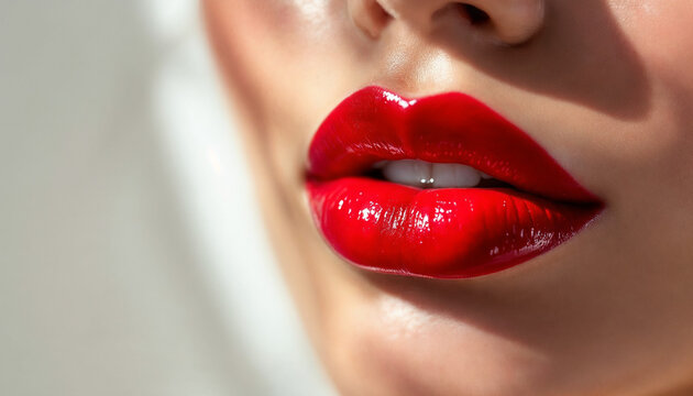 Close-up of glossy red lips on bright white background
