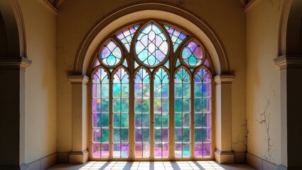 Stained glass window in an old building.