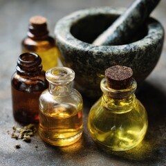 Essential Oils in Glass Bottles with Mortar and Pestle on Table