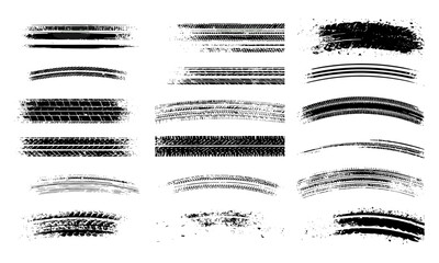 Monochrome tire tread patterns and wheel tracks with grunge splashes. Vector set featuring skid marks, rally, motocross, drift, off-road racing, braking textures, and car rubber prints
