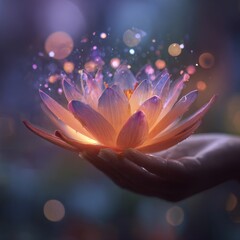 Ethereal Flower in Hand with Magical Glow and Soft Bokeh Lights