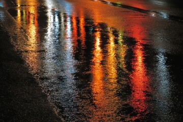 Reflections of city lights on a wet street at night.