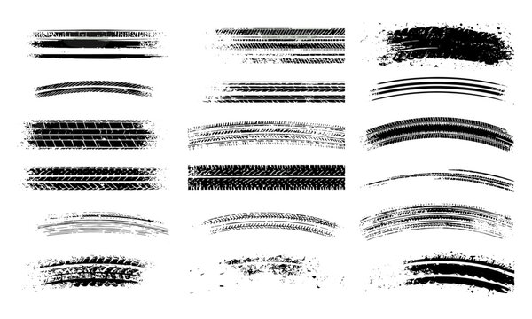Monochrome tire tread patterns and wheel tracks with grunge splashes. Vector set featuring skid marks, rally, motocross, drift, off-road racing, braking textures, and car rubber prints