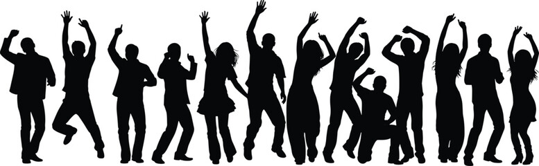 Group of people dancing in silhouette, joyful celebration poses, lively party moment, black vector artwork, fun energy, happy movement illustration