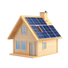 Eco friendly wooden house with solar panels on roof, showcasing sustainable living