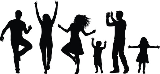 Group of people dancing in joyful celebration, expressive silhouette movement, black vector illustration, party scene, fun moment, energetic pose