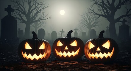 Three glowing jack o lanterns in a spooky cemetery at night