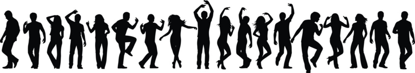 Group of people dancing joyfully, silhouette celebration pose, energetic movement scene, black vector illustration, party atmosphere, festive choreography concept
