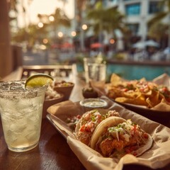 Tacos and Refreshing Drinks Served by the Poolside at Sunset