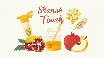 Rosh hashanah greeting with honey, pomegranate, and apple illustration