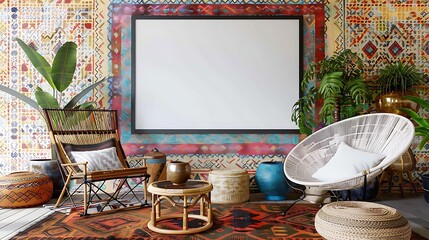 Colorful patterned wall with a blank frame, accompanied by eclectic furniture, plants, and woven textiles.