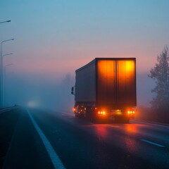 Foggy Evening Road with Truck and Warm Glow from Tail Lights