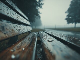 Wooden park bench covered in raindrops on a misty day.