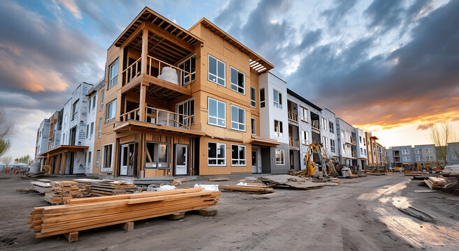 Multi family residential construction site with wooden materials