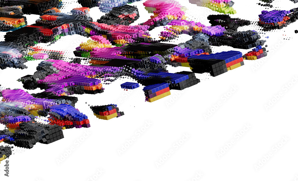 Poster abstract colorful block pixel art: digital 3d render of exploding cubes