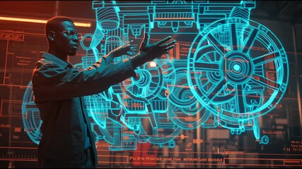 Automotive engineer in a dark workshop illuminated by neon lights, standing confidently in front of glowing engine holograms and technical schematics floating mid-air, cinematic lighting
- Powered by Adobe