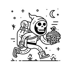 Cartoon skeleton figure with a hood and backpack running with a lantern in a monochrome illustration