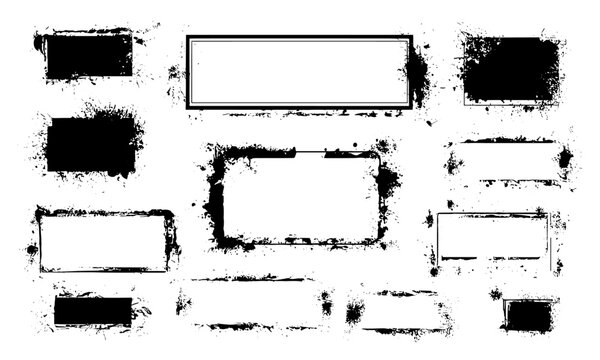 Torn spray paint frames and grunge callouts featuring jagged edges, rectangles, squares, splash effects, and vintage graffiti style. Vector set includes stencil shapes, badges, textures