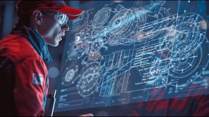 Engineer in racing uniform reviewing projected performance graphs and turbocharger diagrams on a transparent screen, illuminated engine blueprint in the background - Powered by Adobe