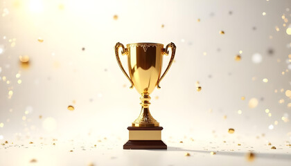 Golden football trophy on pedestal with festive confetti and glowing spotlight effects.