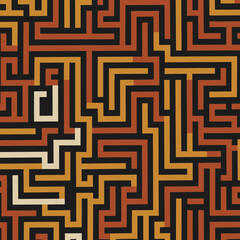 Intricate Maze Labyrinth Seamless Pattern Background with Geometric Lines in Orange Gold and Black