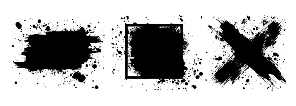 Artistic black paint splatter stencil with inked brush strokes, dirty grunge stains, drops, and blots. Vector design elements including boxes, frames, textures for creative art