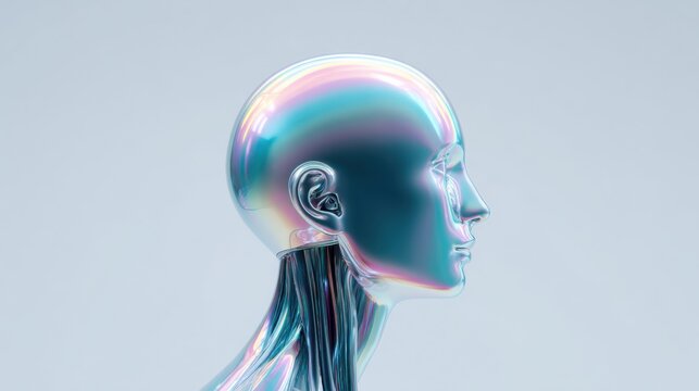 A head with a metallic sheen and a rainbow-colored aura