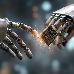 Futuristic Robot Hands Interacting with Computer Chip Technology