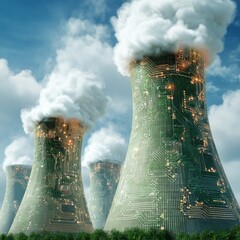 Futuristic Cooling Towers with Digital Circuit Patterns and Clouds