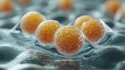 Spheres cling to rippled texture, golden hue glow